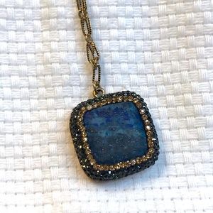 Natural Blue Stone w Colored Rhinestones on Chain